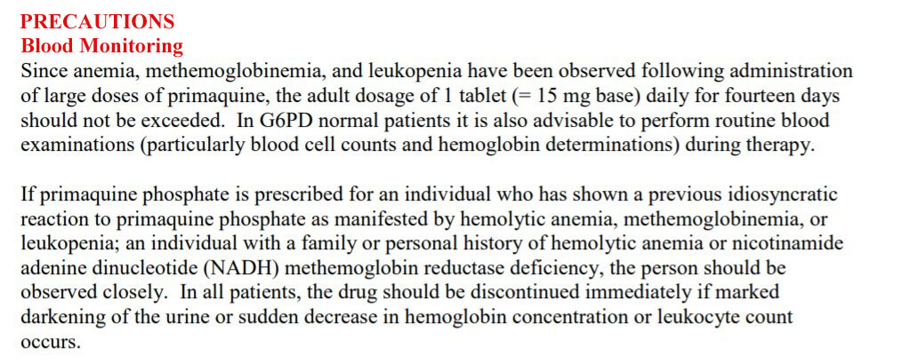 Precautions for primaquine